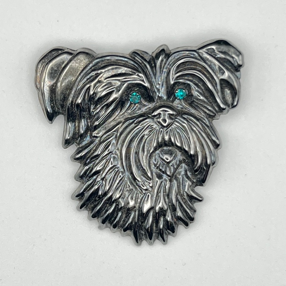 Vintage Dog Head Brooch Pin ‎ Silver Pewter Tone Terrier Yorkie with Green Eyes